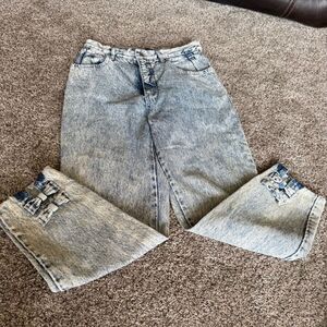 VTG 80s IOU I.O.U Acid Wash Denim Bow Taper Leg Jeans Vintage Blue Size 44 13-14